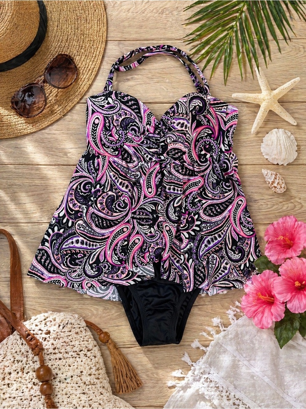 American Beach Paisley Swim Dress Tankini Ruched Halter Tummy Control